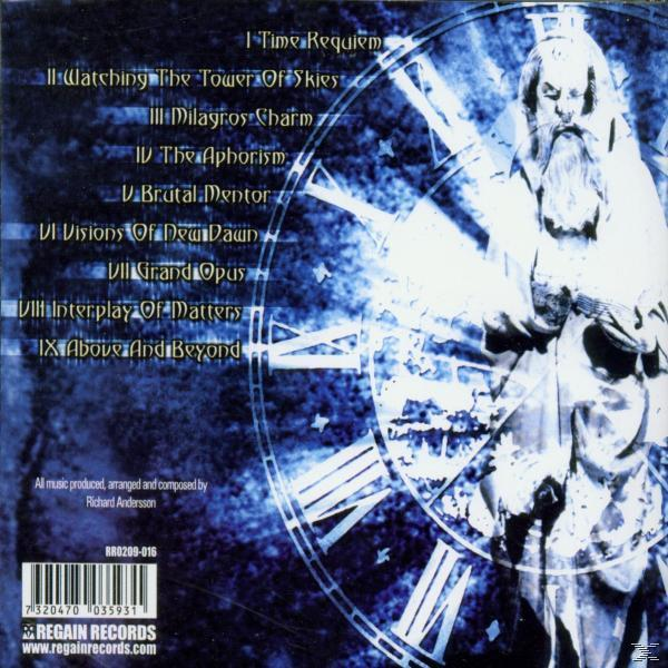 Albumcover mit Text und einer Figur auf einem Ziffernblatt, blaues und weißes Farbschema.