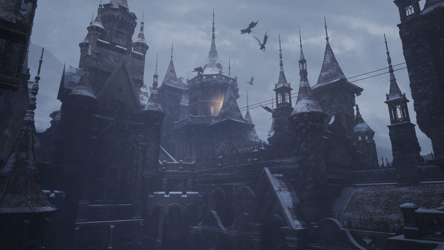 Un château gothique par une journée brumeuse et enneigée, avec des chauves-souris.
