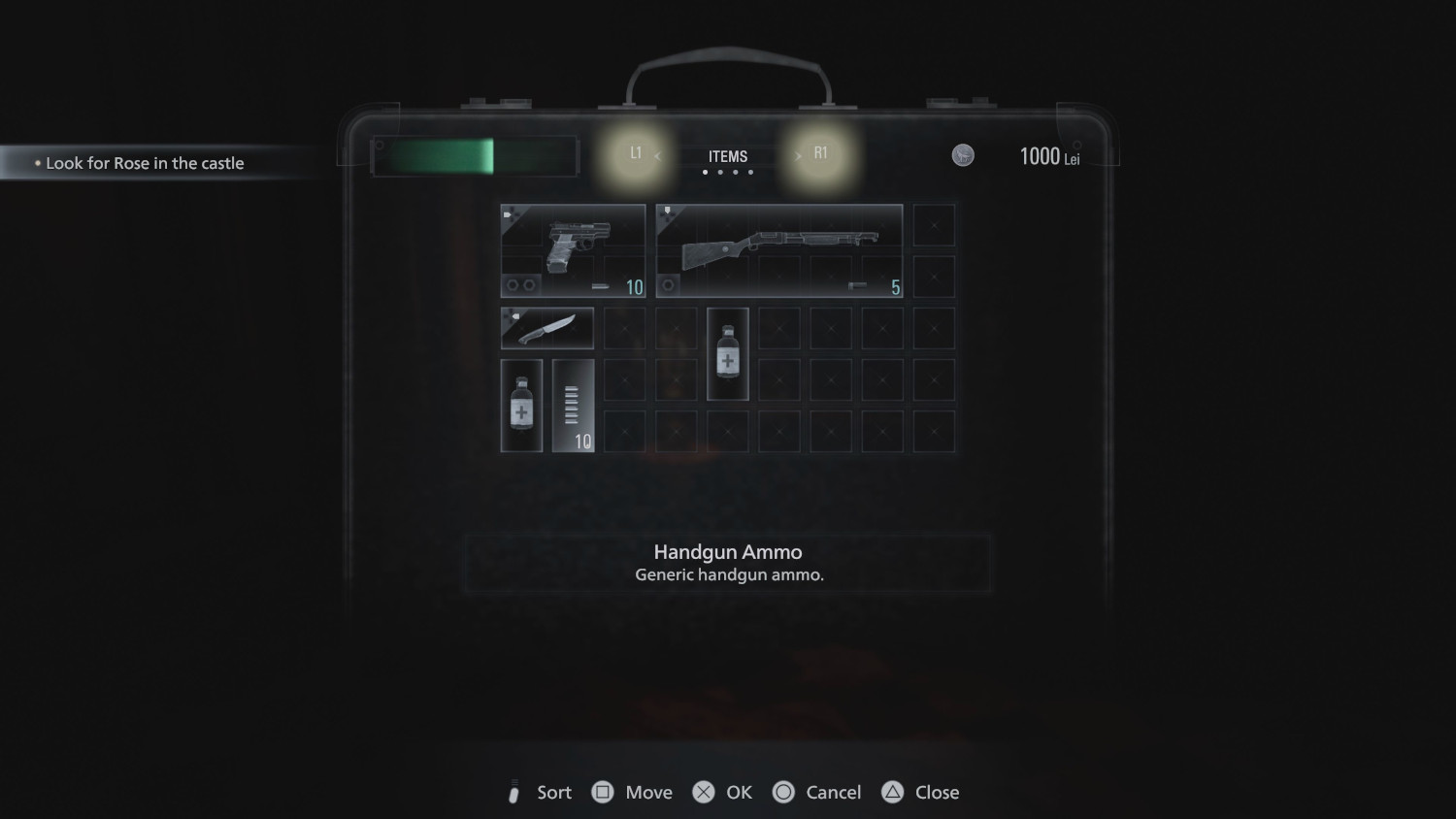 Un écran d'inventaire de jeu. Montre des armes, des munitions et des consommables. Munitions de pistolet sélectionnées. L'interface du jeu est sombre.