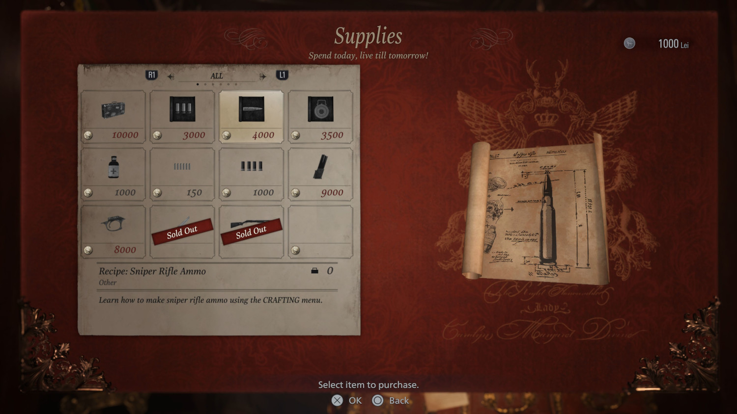 Interface de jeu vidéo montrant des fournitures et des recettes sur une table.