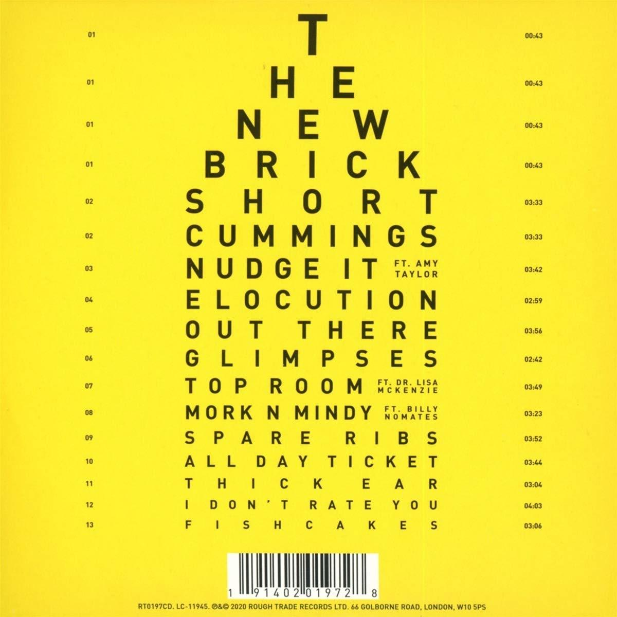 CD-Cover mit Texten im Stil eines Sehtests auf gelbem Hintergrund. Weißer Text und Barcode unten.
