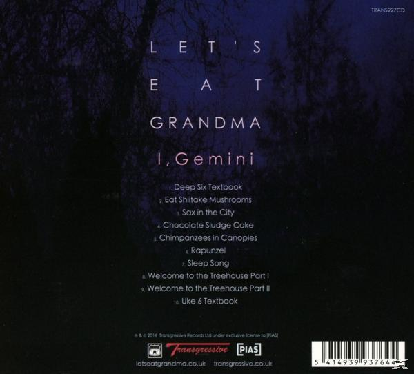 CD-hoes voor 'I, Gemini' van Let's Eat Grandma. Bevat songtitels en bandlogo. Donkere achtergrond met witte tekst.