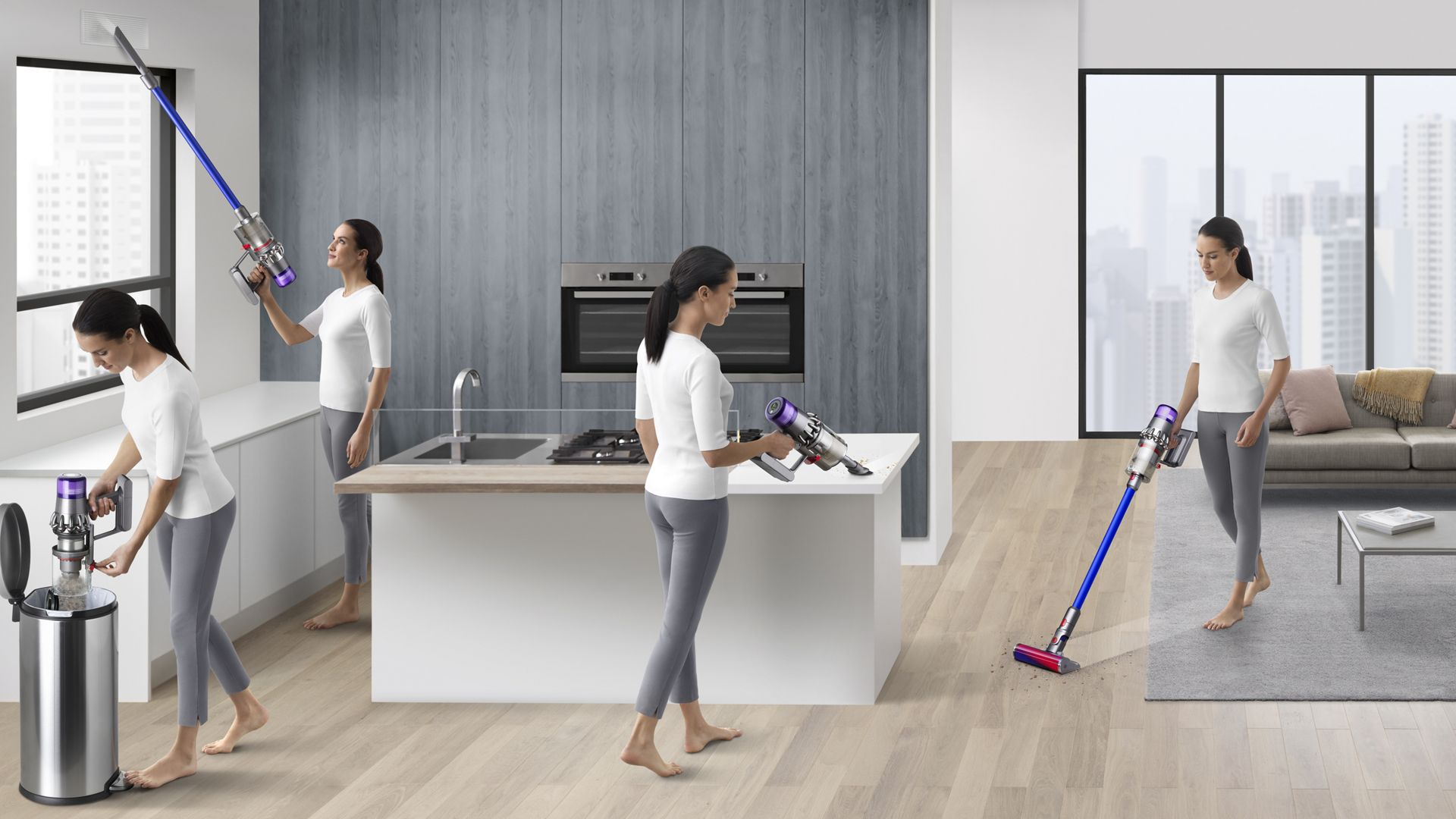 Modern bir mutfakta Dyson elektrikli süpürge kullanan bir kadın. Temizliğin farklı aşamaları gösterilmektedir.