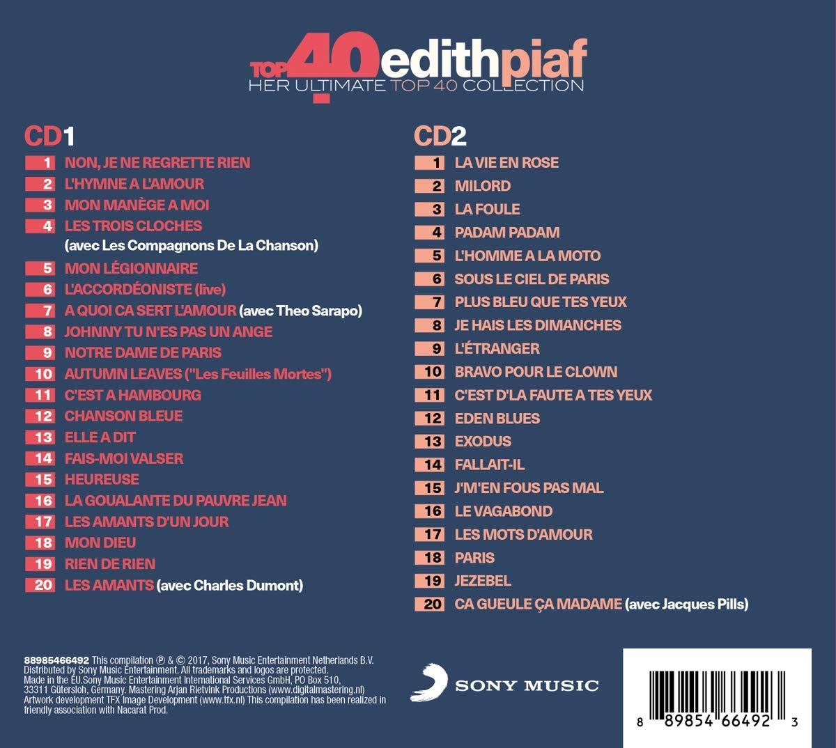 CD-hoes met titels van liedjes van Edith Piaf.