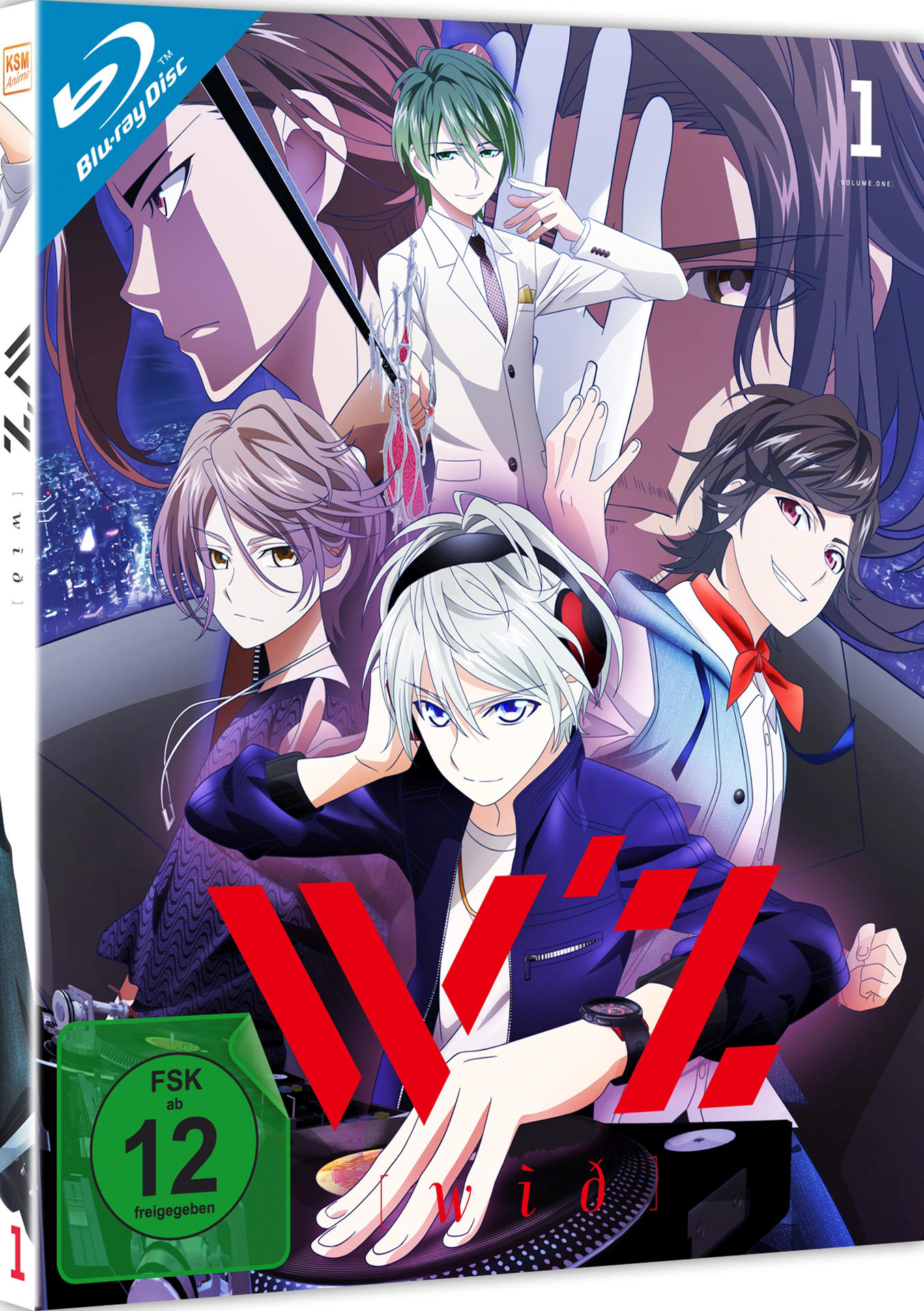 Anime-DVD-Box mit mehreren Charakteren, einer blauen Disc und einem roten V.