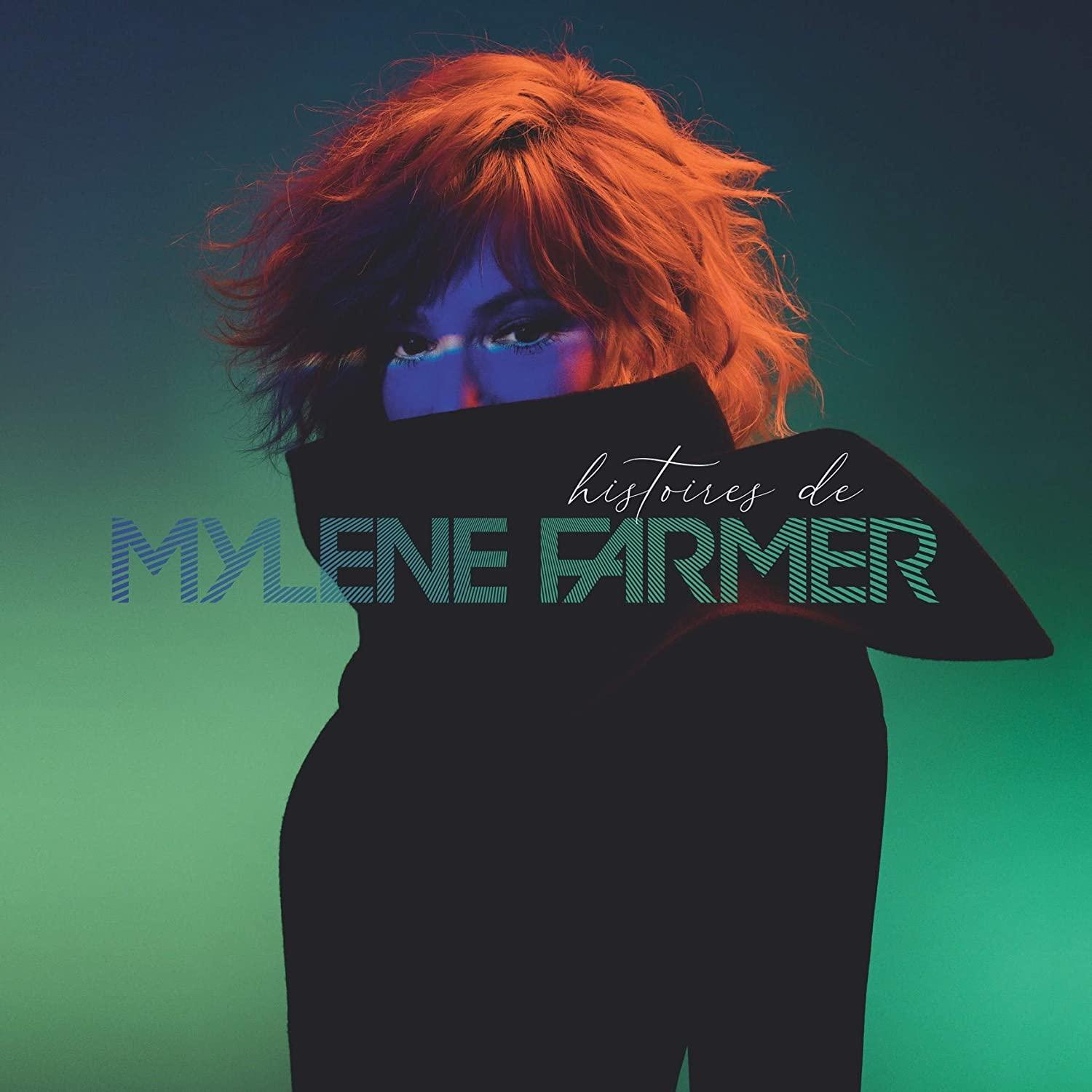 Pochette de l'album de Mylène Farmer. Femme aux cheveux rouges, visage bleu et vêtements sombres, fond bleu-vert.