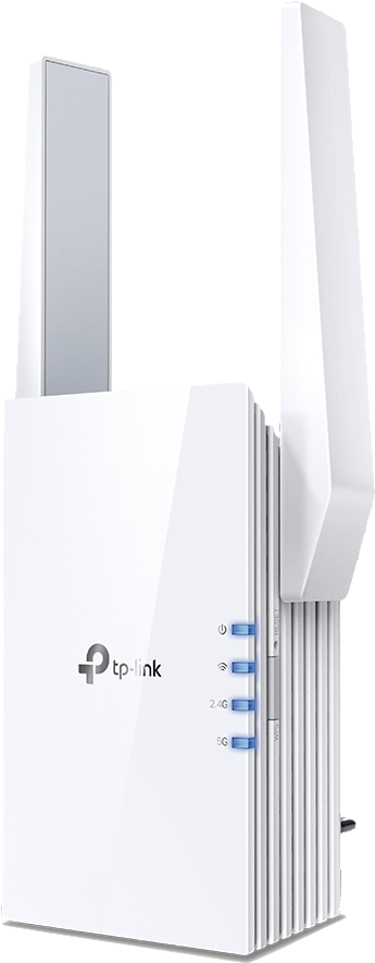Witte router met twee rechtopstaande antennes en een paar blauwe lampjes aan de voorkant.