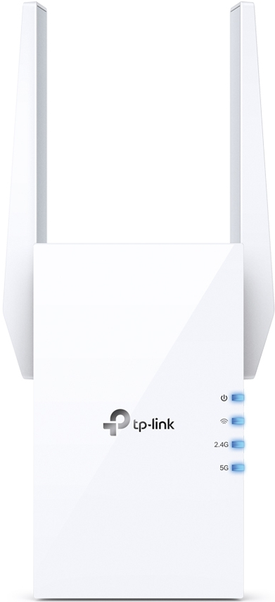 Witte tp-link Wi-Fi-extender met twee antennes en drie blauwe lampjes op een witte achtergrond.