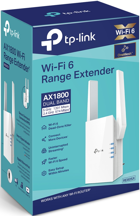 Doos van een Wi-Fi 6 range extender met antennes, wit op blauw.