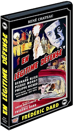 Affiche de film : Homme avec un chapeau. Texte en français : En Légitime Défense. Titre : Frédéric Dard.