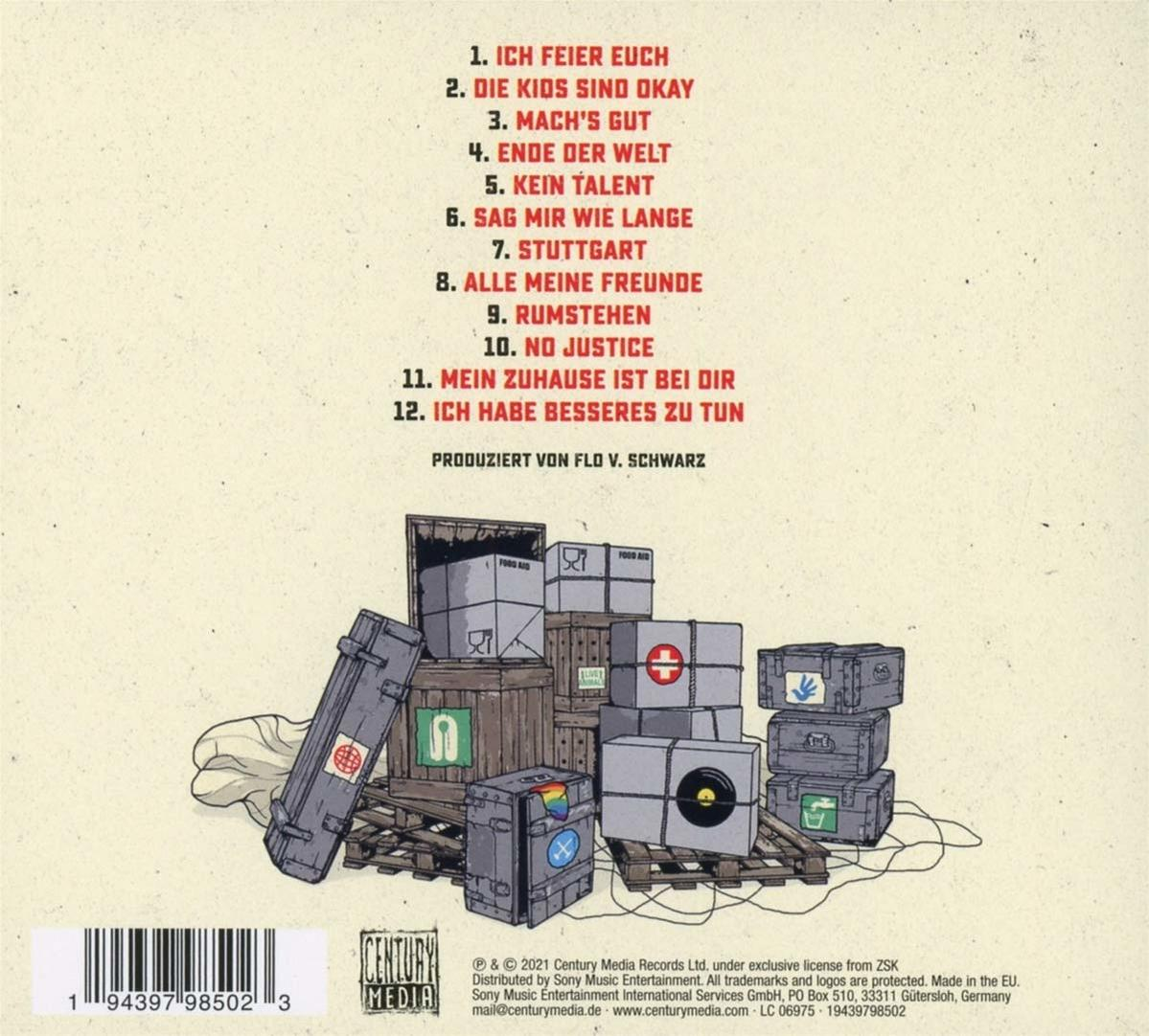 Rückseite einer CD-Hülle mit Songtiteln und einer Gruppe von Kisten.