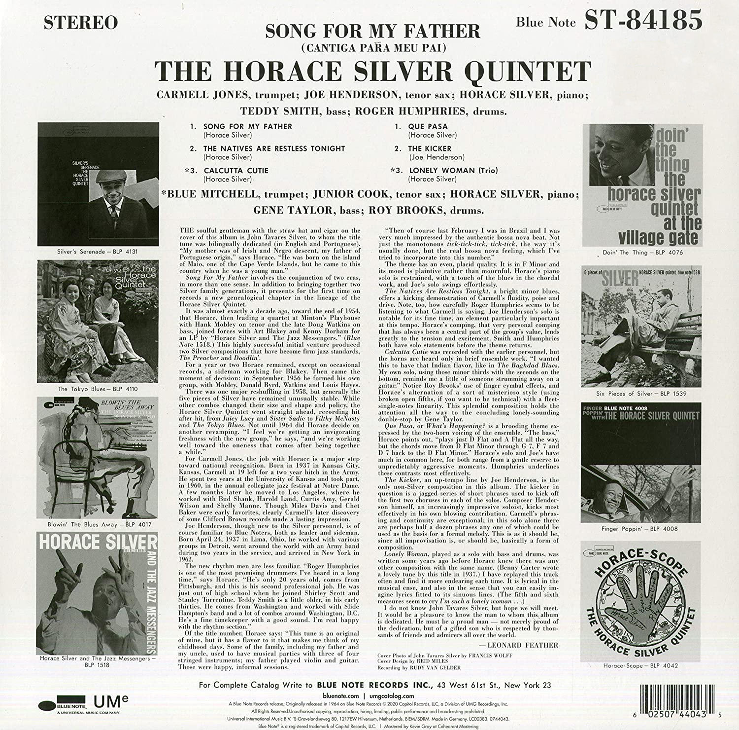 Ein Vintage-Albumcover mit Text über Horace Silver und seine Musik. Der Hintergrund ist eine Mischung aus Farben.