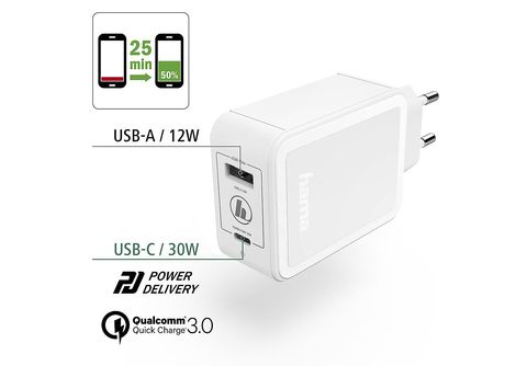 HAMA USB-C, Power Delivery (PD)/Qualcomm® + USB-A, 42W Ladegerät Universal,  Weiß