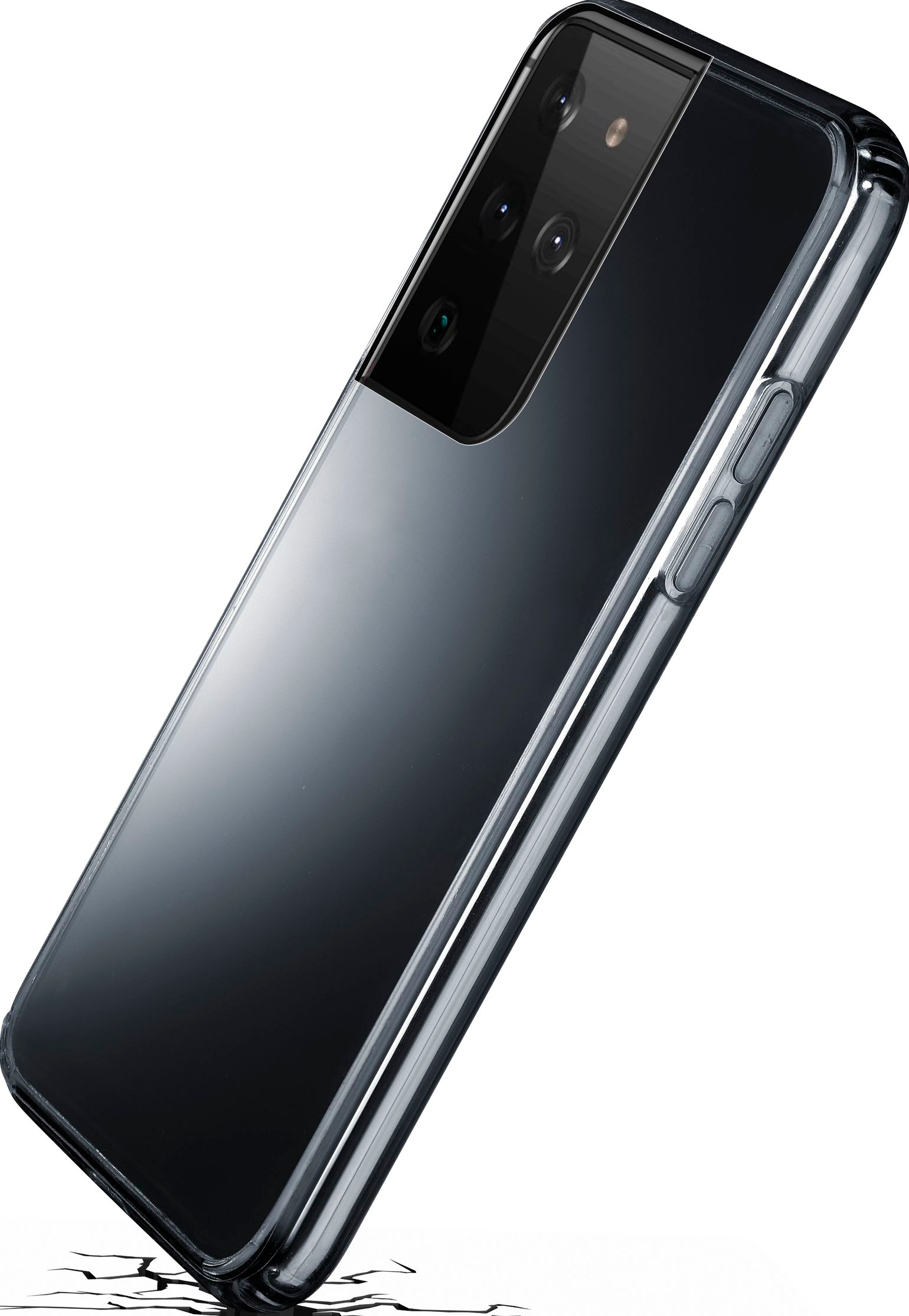 Smartphone noir dans un étui transparent, légèrement incliné, avec effet de sol craquelé.