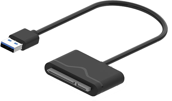 Egy fekete USB-SATA adapterkábel. Az egyik vége USB, a másik egy SATA csatlakozó.