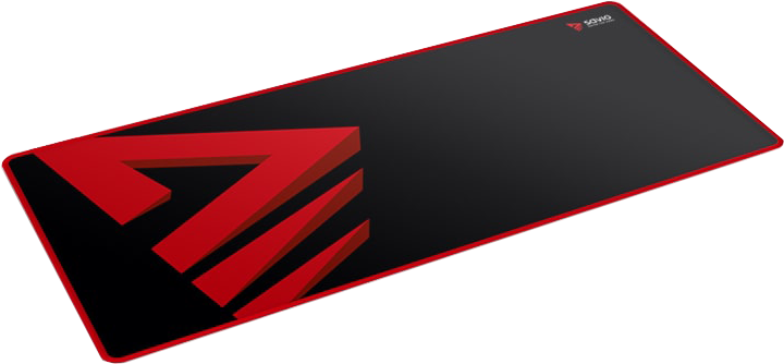 Fekete-piros gamer egérpad. Piros stilizált logóval és piros szegéllyel.