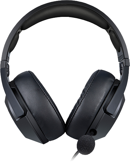 Egy fekete gamer headset mikrofonnal. A fejhallgató over-ear stílusú.