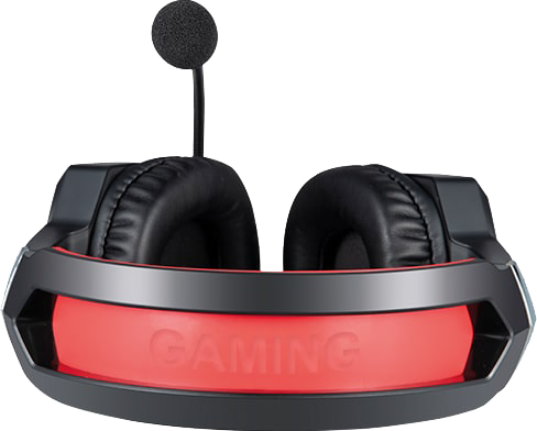 Gaming headset piros világítással és mikrofonnal, fekete-szürke design.