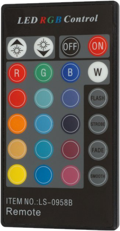Telecomando nero con pulsanti per il controllo LED, inclusi colore ed effetti.