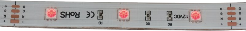 Viene mostrata una striscia LED bianca con luci rosse. Le parole ROHS, CE e 12VDC sono visibili.