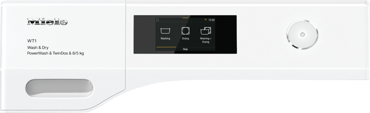 Fehér mosógép vezérlőpanel egy képernyővel, amely mosási opciókat mutat, és a Miele logóval a tetején.
