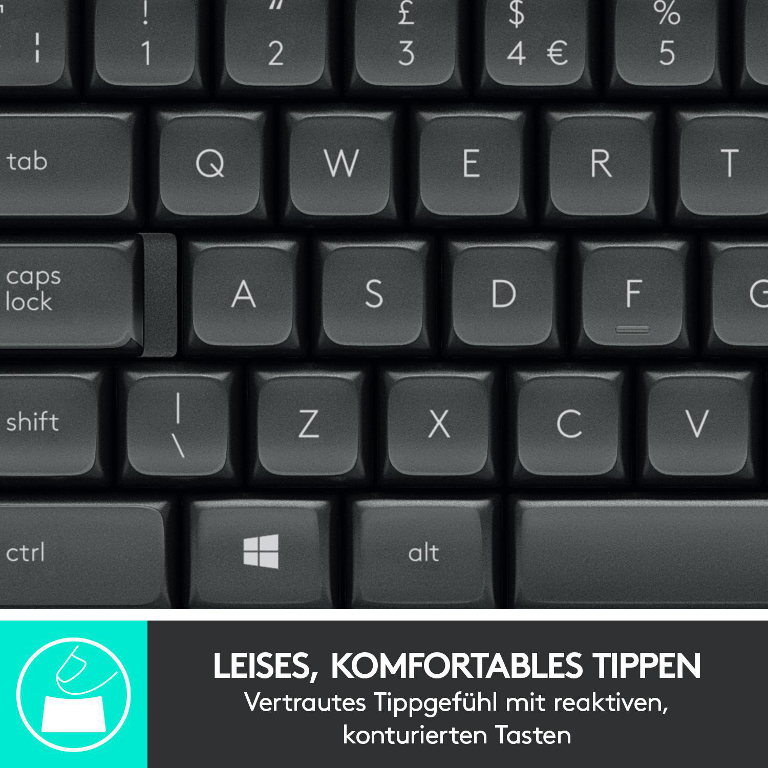 Nahaufnahme einer Tastatur mit schwarzen Tasten. Die Tasten 'Q, W, E, R, T' sind sichtbar.