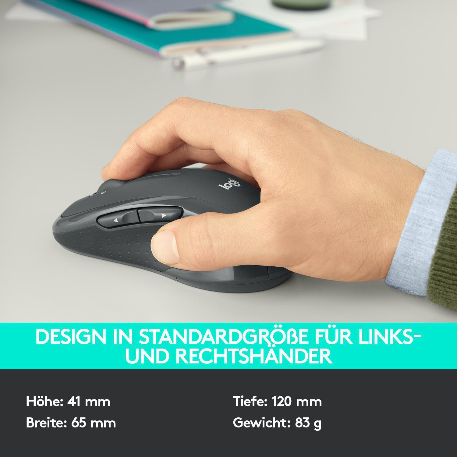 Eine graue ergonomische Maus mit dem Logitech-Logo auf einer weißen Oberfläche.