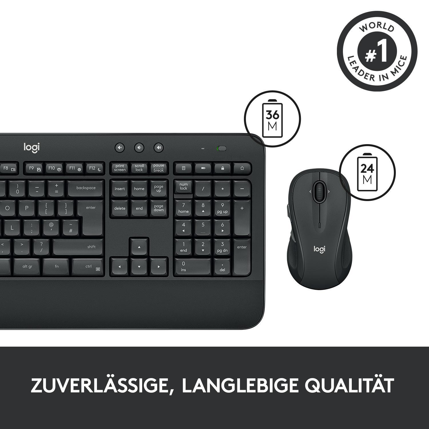 Schwarzes Tastatur- und Maus-Set. Maus zeigt Batterielebensdauer.
