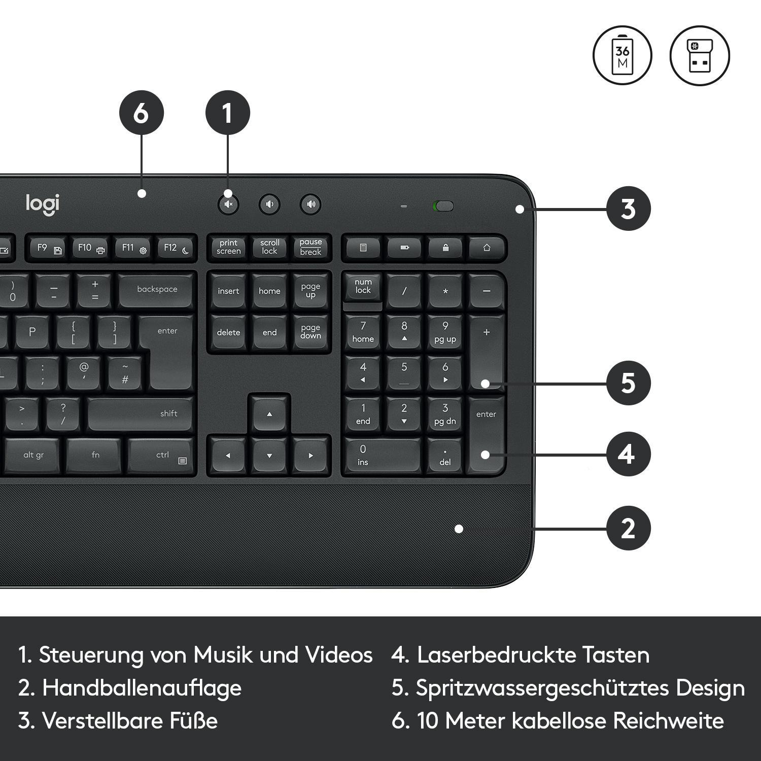 Schwarze Tastatur mit Nummernblock und Funktionstasten. Sie hat Multimedia- und Lautstärkeregler.