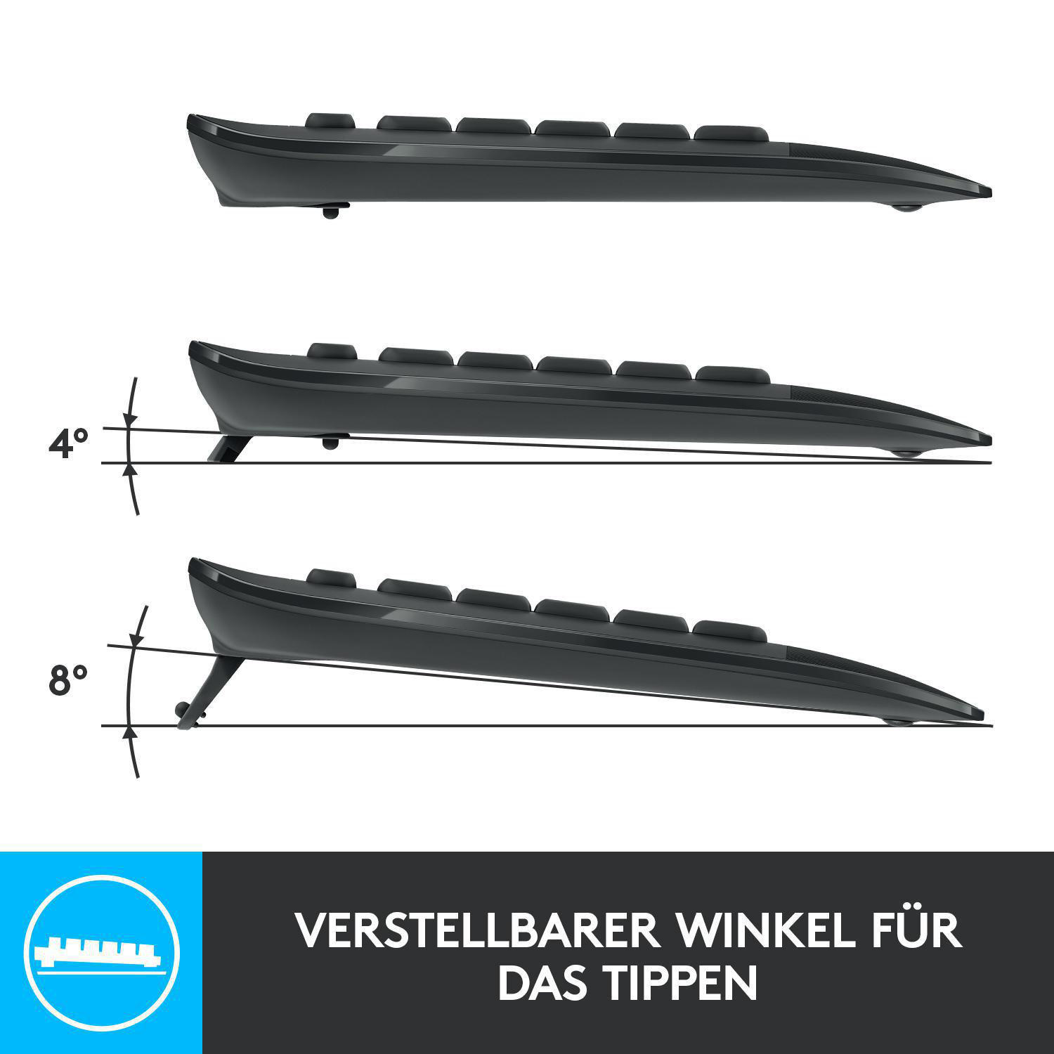 Tastatur mit einstellbaren Neigungswinkeln, die verschiedene Erhöhungen zeigen.