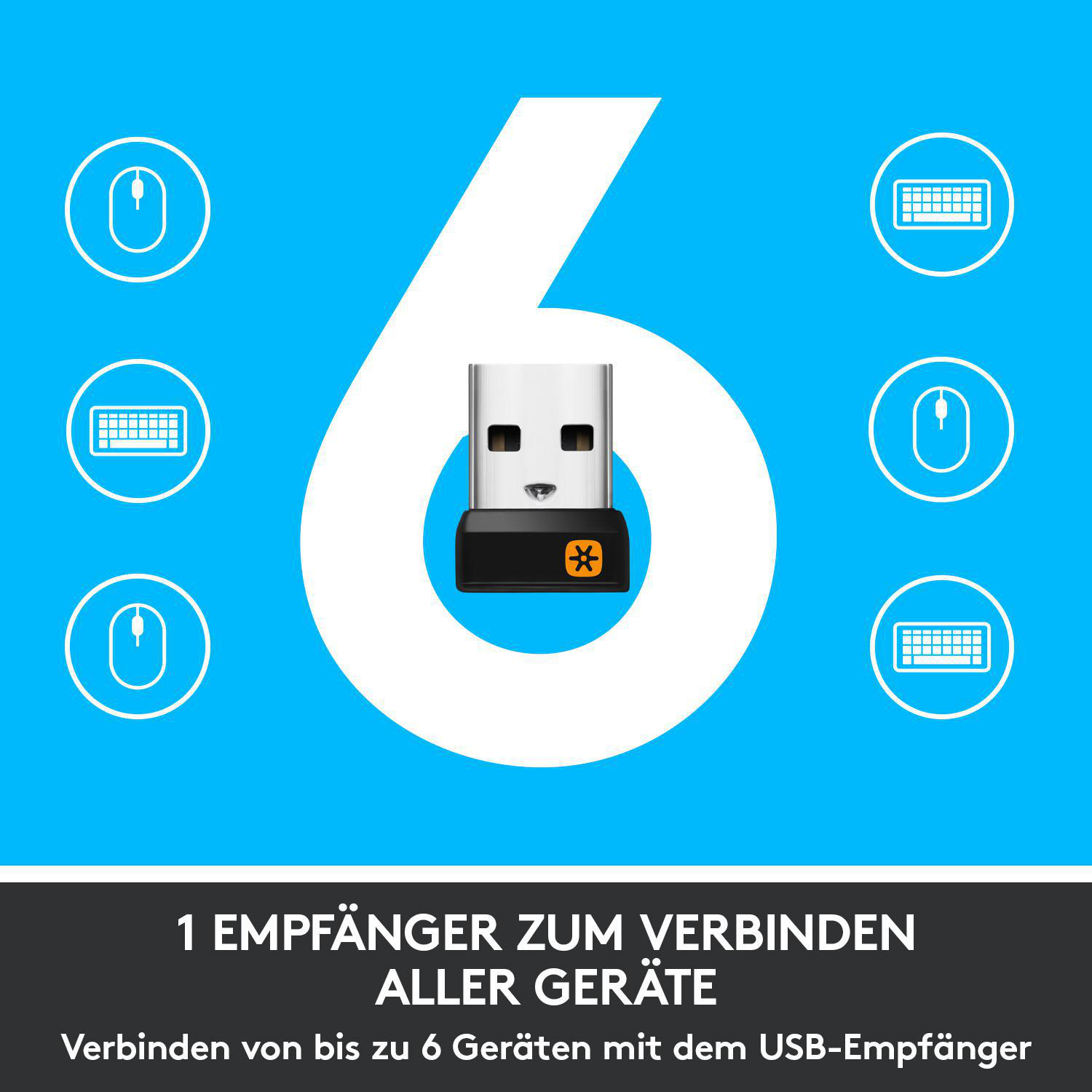 Sechs Symbole mit einem USB-Empfänger und dem Text: 1 EMPFÄNGER ZUM VERBINDEN ALLER GERÄTE.