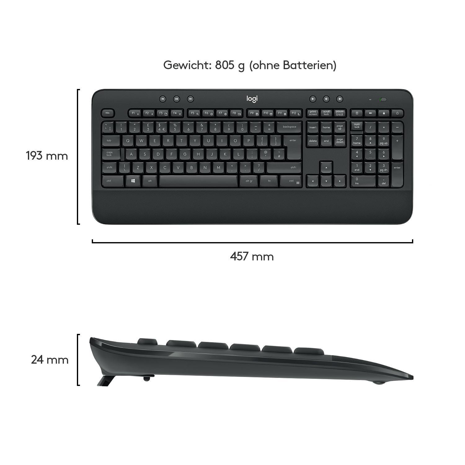 Schwarze Tastatur mit Abmessungen und Gewichtsangaben.