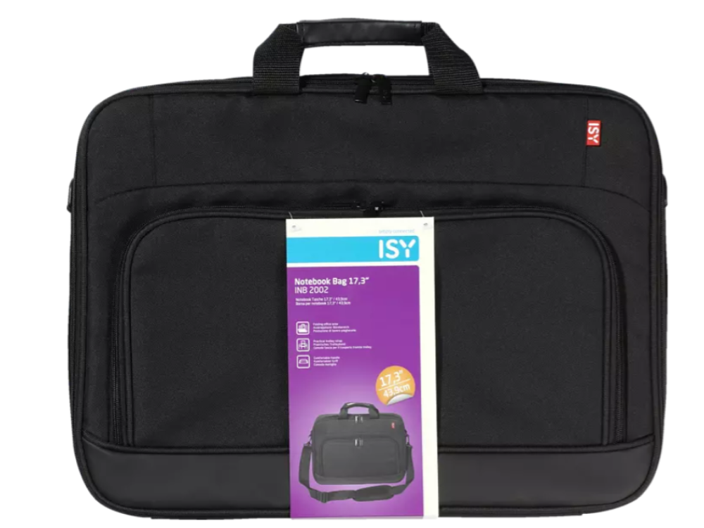 Maletín para portátil - ISY  INB-2002, Para portátiles de hasta 17.3", Dos bolsillos, Poliéster, Negro