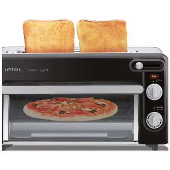 Schwarzer Tefal-Toaster-Ofen mit Pizza und Toast, Bedienfeld rechts.