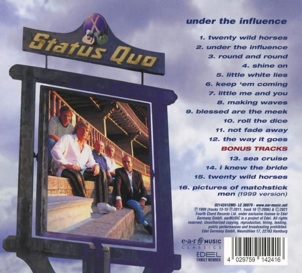 CD-Cover für das Album 'Status Quo - Under the Influence', mit Bandmitgliedern.
