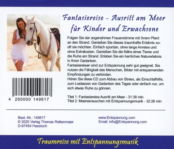 Die Rückseite einer CD-Hülle mit Text und einem Bild einer Frau und eines Pferdes.