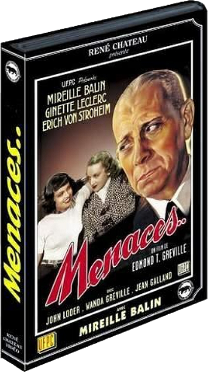 Affiche de film : Menaces, cadre noir. Avec trois personnes et le texte du titre. Fond noir avec texte jaune sur le côté.
