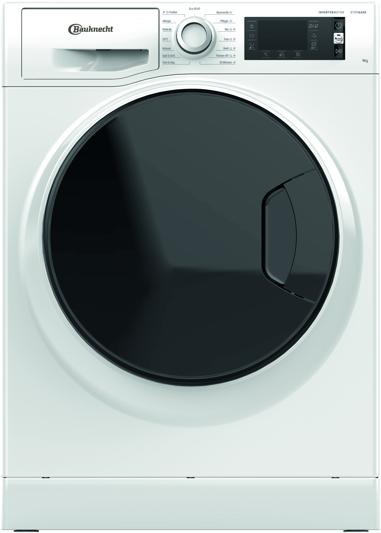 Eine weiße Waschmaschine mit schwarzer Tür und Bedienfeld.