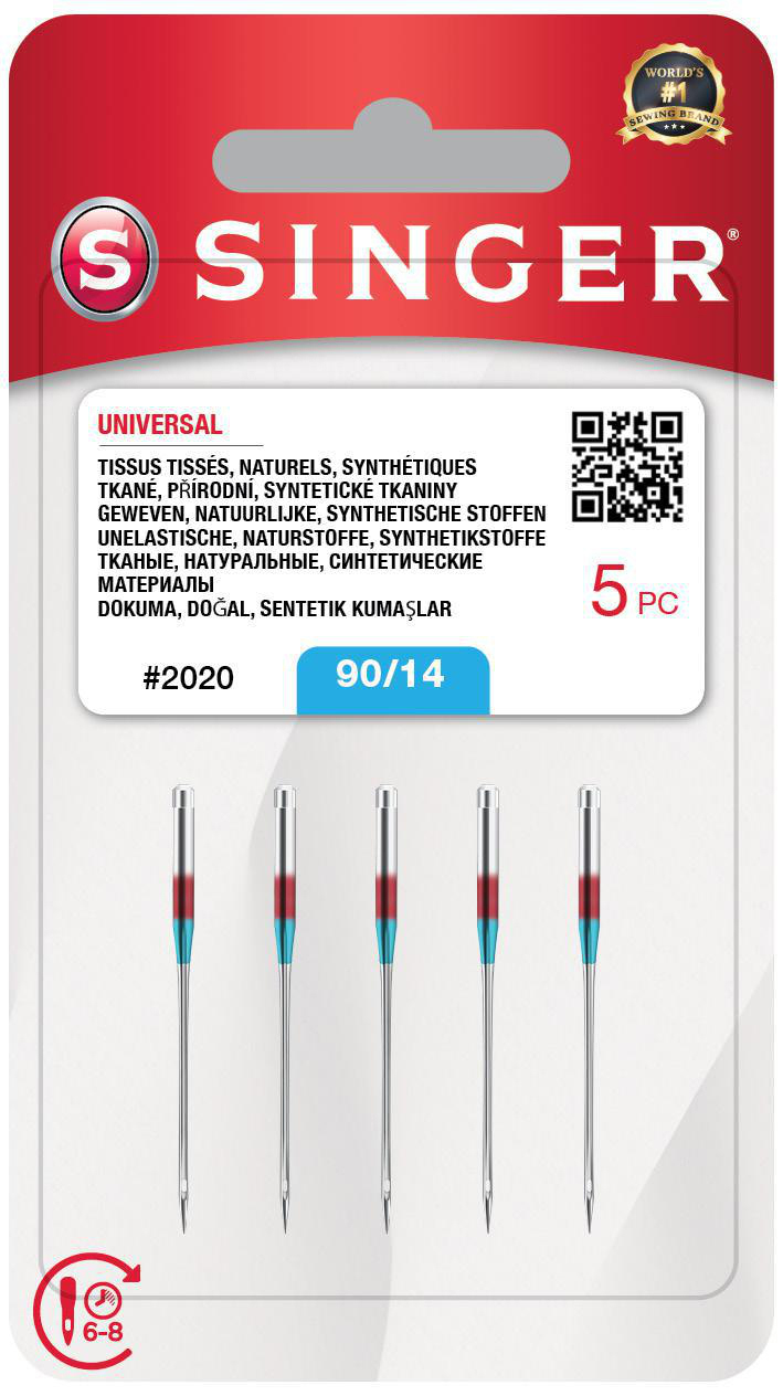 Singer Nadelpackung. Fünf Nadeln mit Rot und Silber. Verpackung hat Text und einen QR-Code.