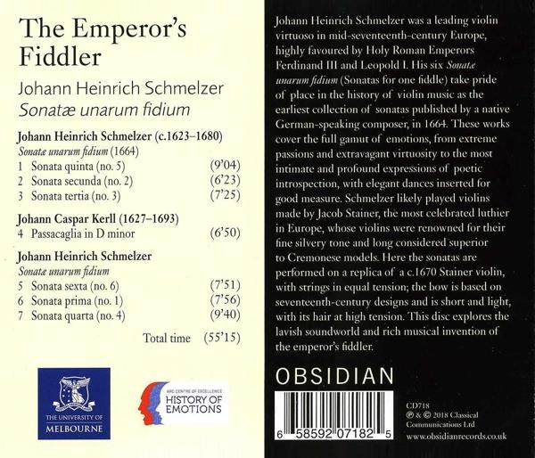 Buchcover mit Text, einer Geige und Details über den Emperor's Fiddler.