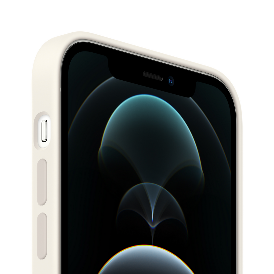 Primer plano de una funda blanca alrededor de un teléfono, mostrando la pantalla.