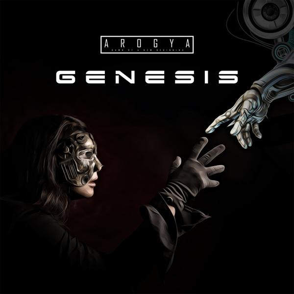 Kunstwerk, das eine Cyborg-Hand zeigt, die auf das Gesicht einer Frau zeigt. Titel: Genesis.