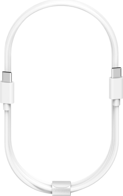 Ein weißes Ladekabel mit zwei USB-C-Anschlüssen, verbunden mit einem silbernen Teil.