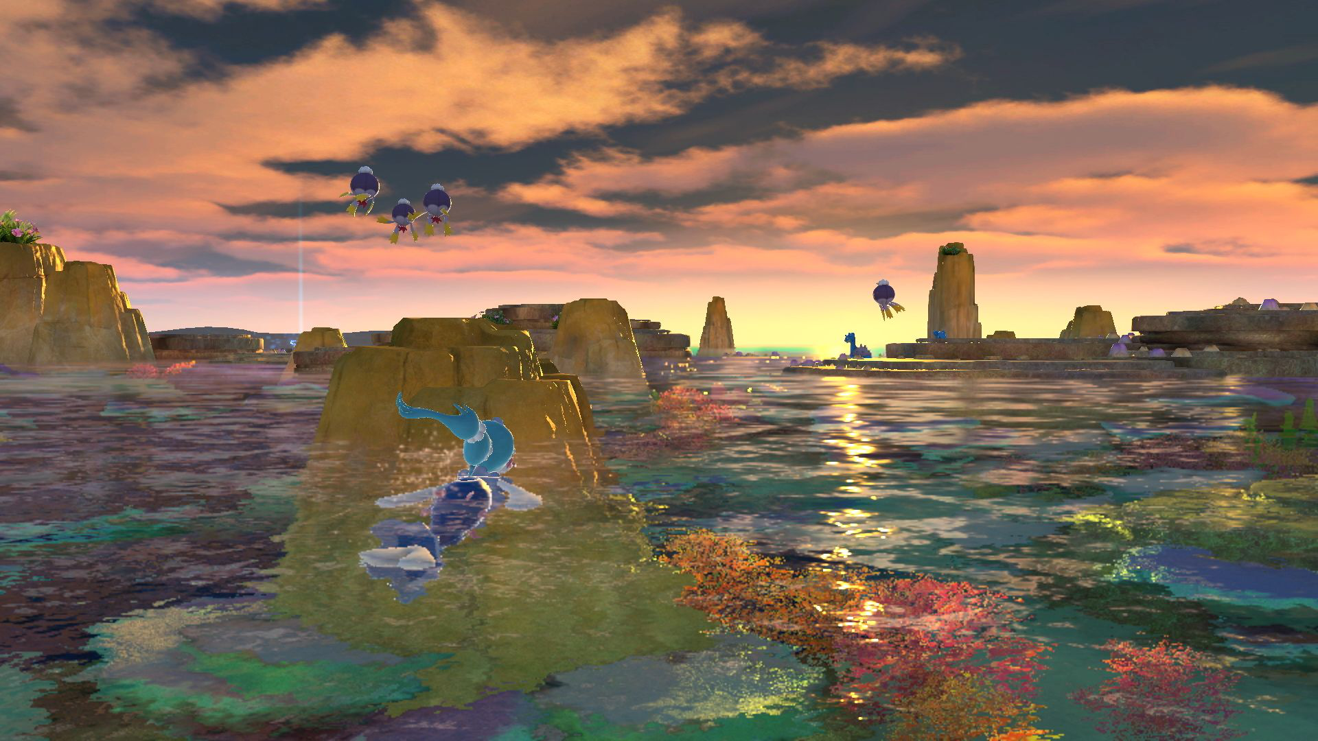 Eine malerische Ansicht einer Wasserlandschaft mit cartoonartigen Kreaturen und farbenfrohem Himmel.