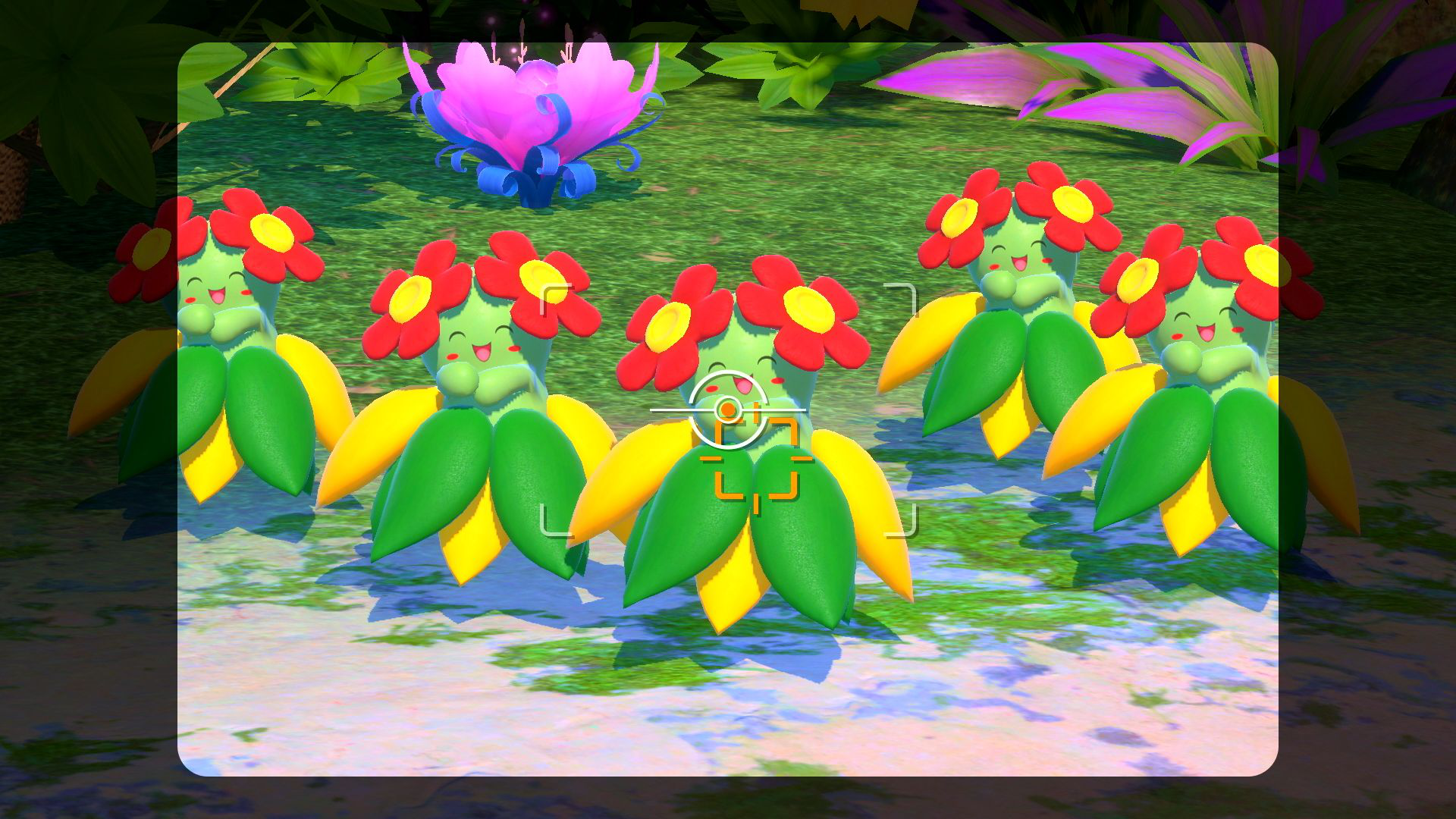Foto aus einem Spiel, Blumen mit Gesichtern auf einem Feld. Fadenkreuz im Zentrum.