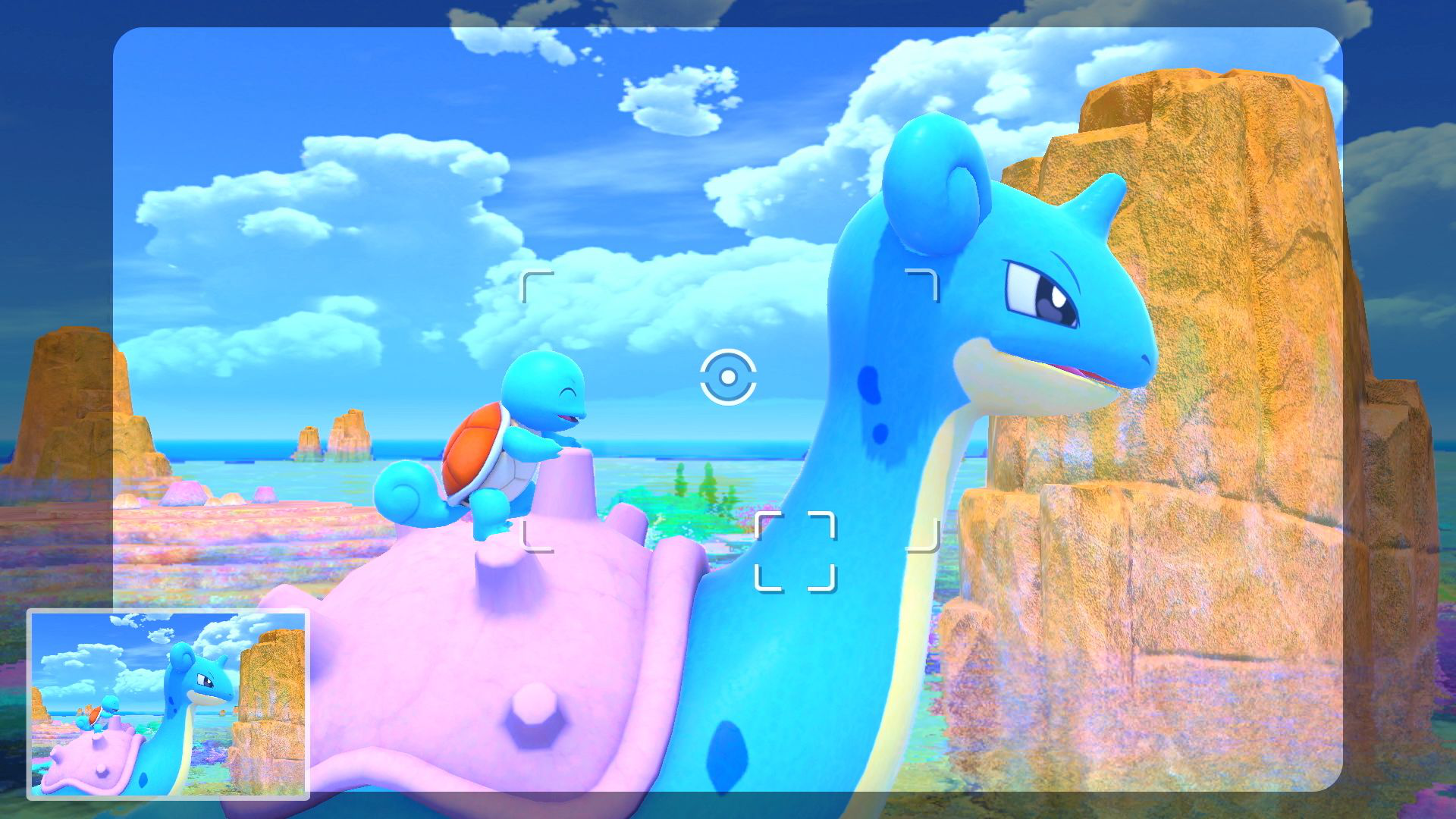 Ein Screenshot eines Videospiels mit einem Lapras und einem Schiggy in einer natürlichen Umgebung.