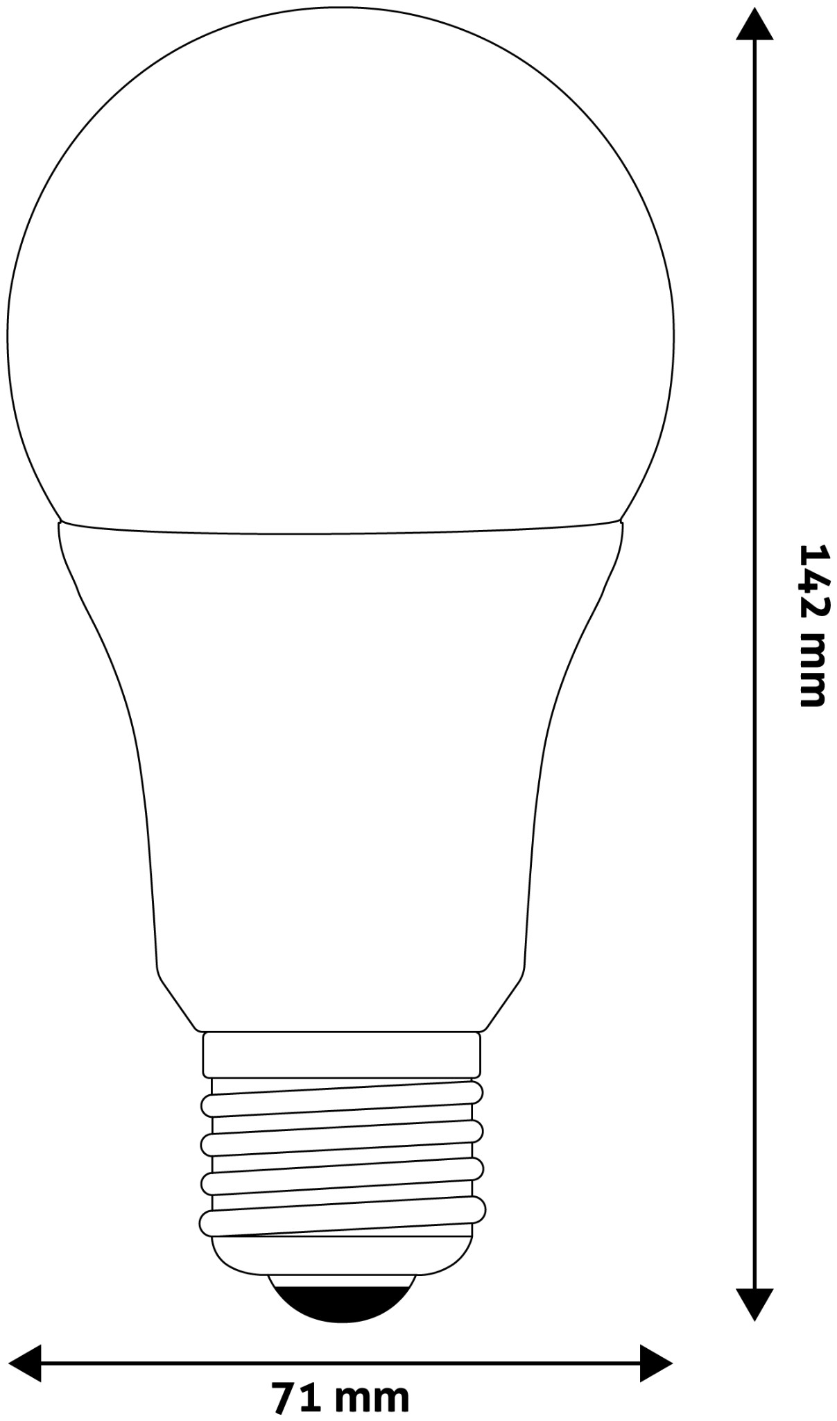 Egy izzó kontúrja, 71mm x 142mm méretekkel.