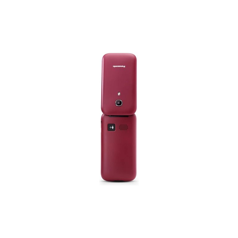 Teléfono plegable rojo, abierto, con logo Panasonic arriba.