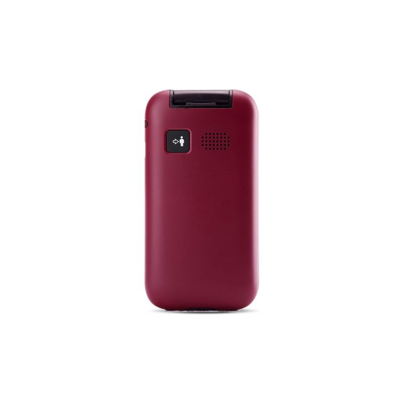 Un teléfono plegable burdeos cerrado, con un altavoz y un icono de persona.