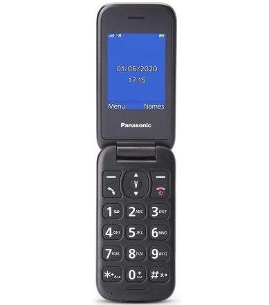 Teléfono plegable negro, abierto para mostrar la hora y fecha en pantalla, con botones grandes.